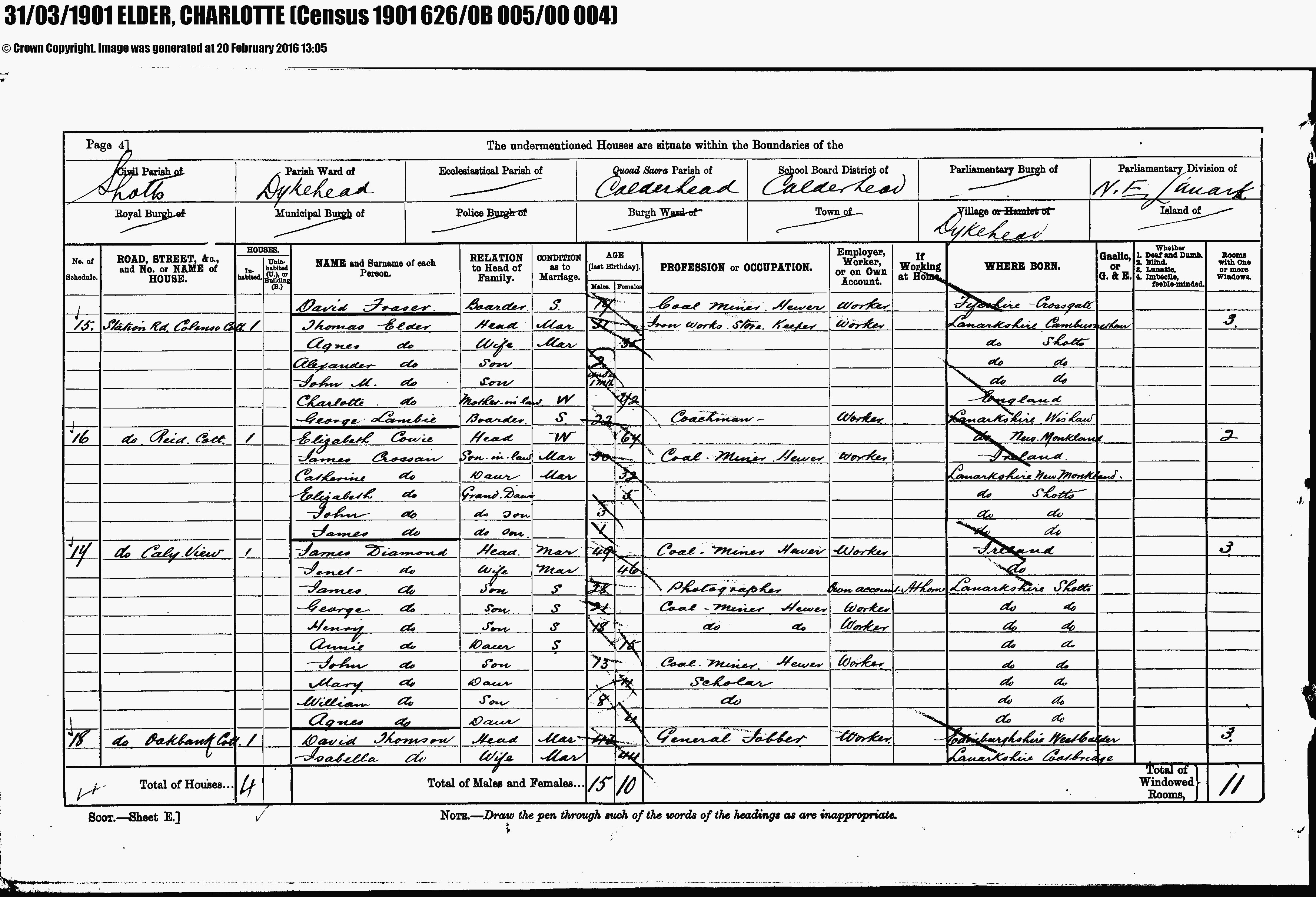 1901 CENSUS Charlotte Marlin Age 72 living with daughter Agnes and her husband Thomas Elder, Linked To: <a href='profiles/i3387.html' >Charlotte Balfour 🧬</a>